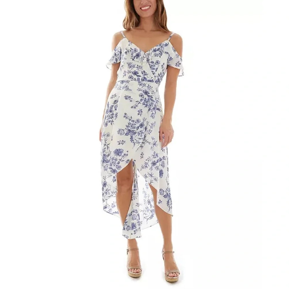 BCX Blue White Floral-Print High-Low Dress